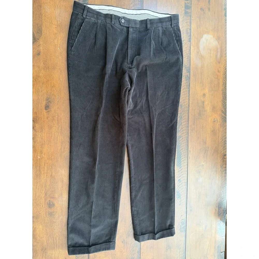 Polo Ralph Lauren Pants Mens 36x34 Black Corduroy Pleated‎ Cuffed Dress Straight